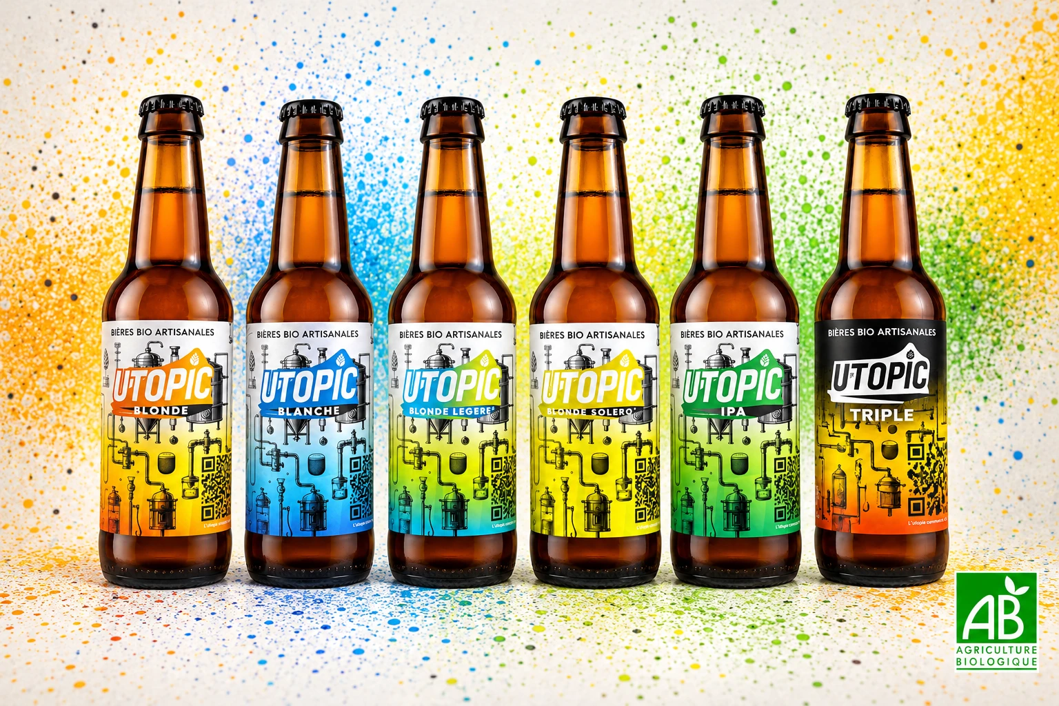 Gamme de six bières artisanales bio UTOPIC disponibles en Click & Collect