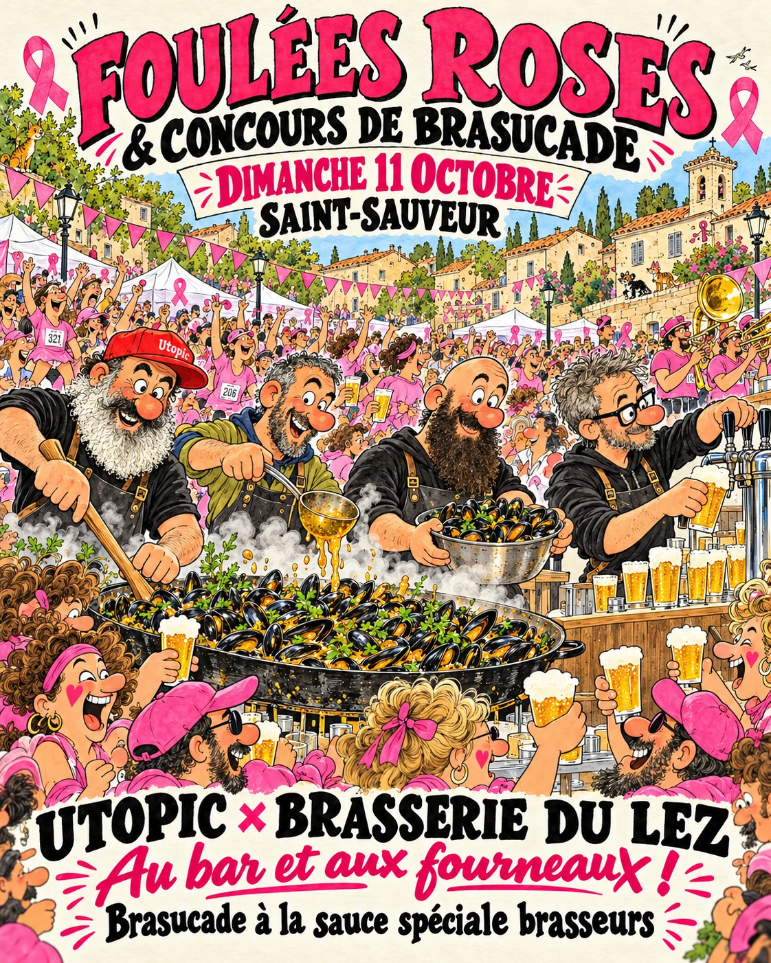 Affiche des Foulées Roses et du concours de brasucade à Saint-Sauveur le 11 octobre 2026, avec UTOPIC et la Brasserie du Lez