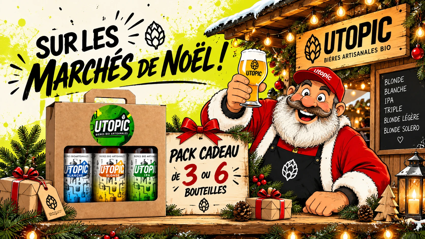 Matthieu en Père Noël, avec sa barbe et sa casquette rouge, derrière le stand UTOPIC et ses packs cadeaux de 3 ou 6 bouteilles