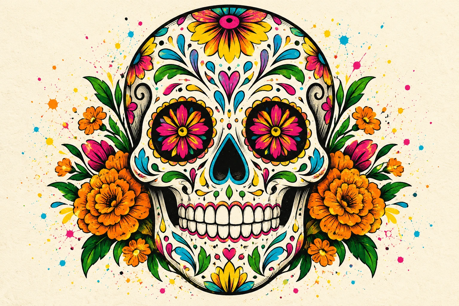 Crâne calavera stylisé et fleuri aux couleurs UTOPIC pour le marché Día de los Muertos de Vailhauquès
